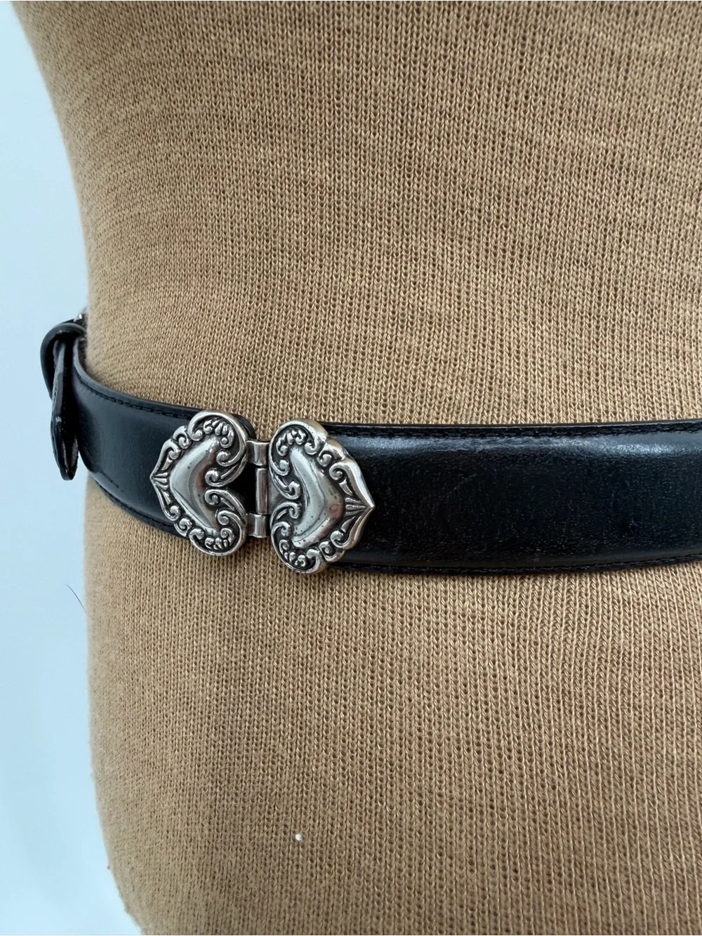 Fossil Black Leather Belt Size S Double Heart Scrollwork Buckle Western Y2K